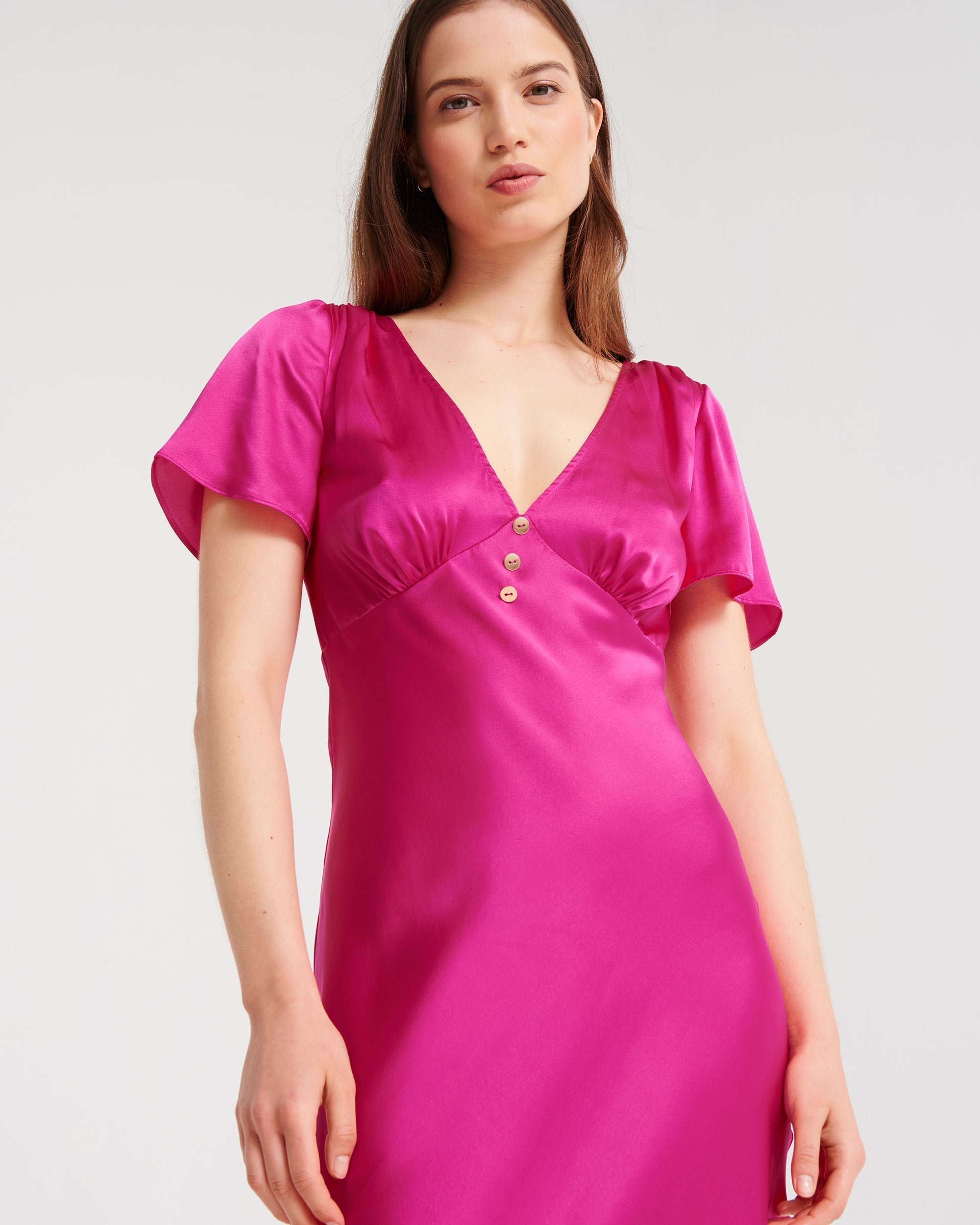 Robe longue Denise en soie - Satin Fuchsia