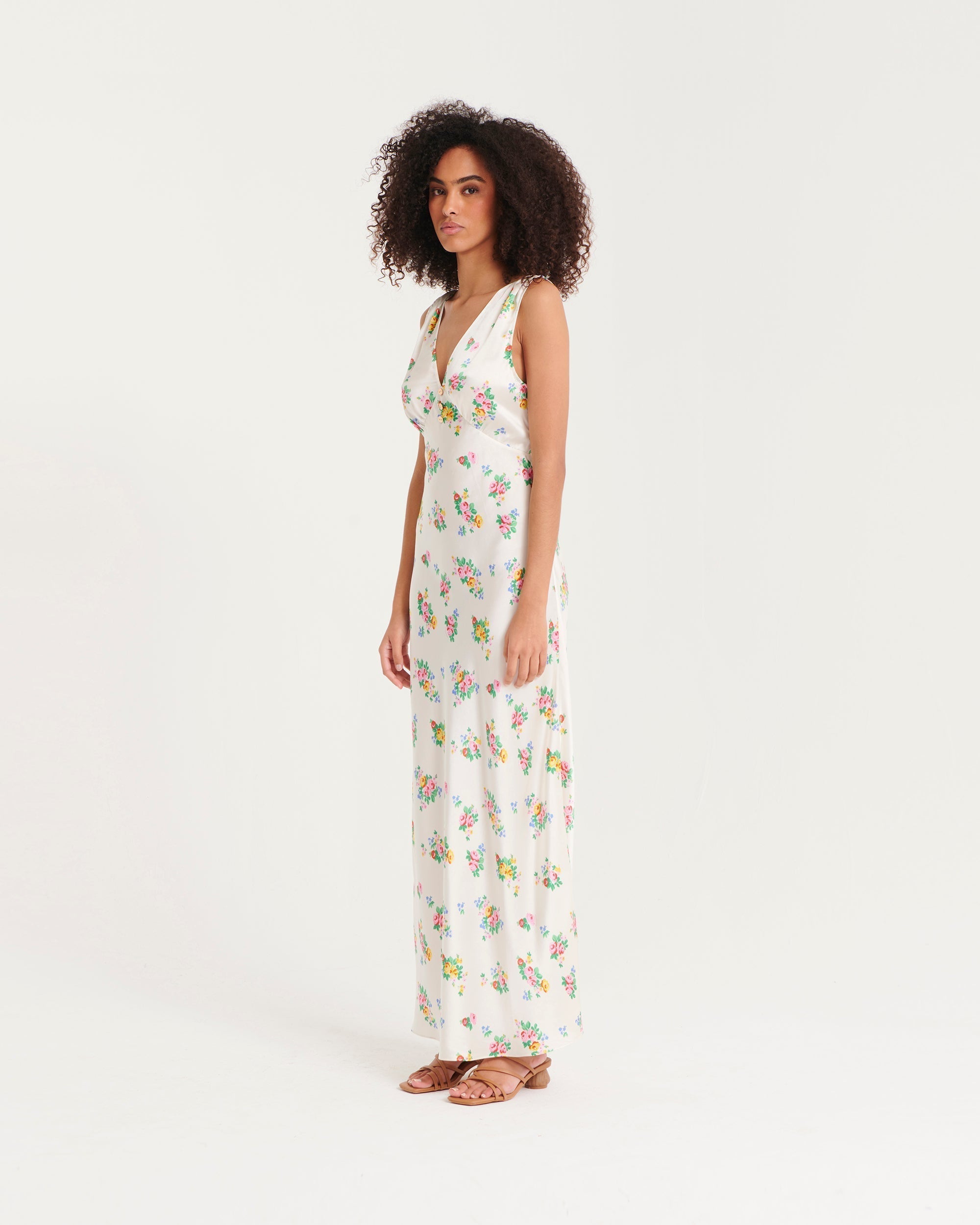 Robe longue Lola en soie - Pink Bouquets
