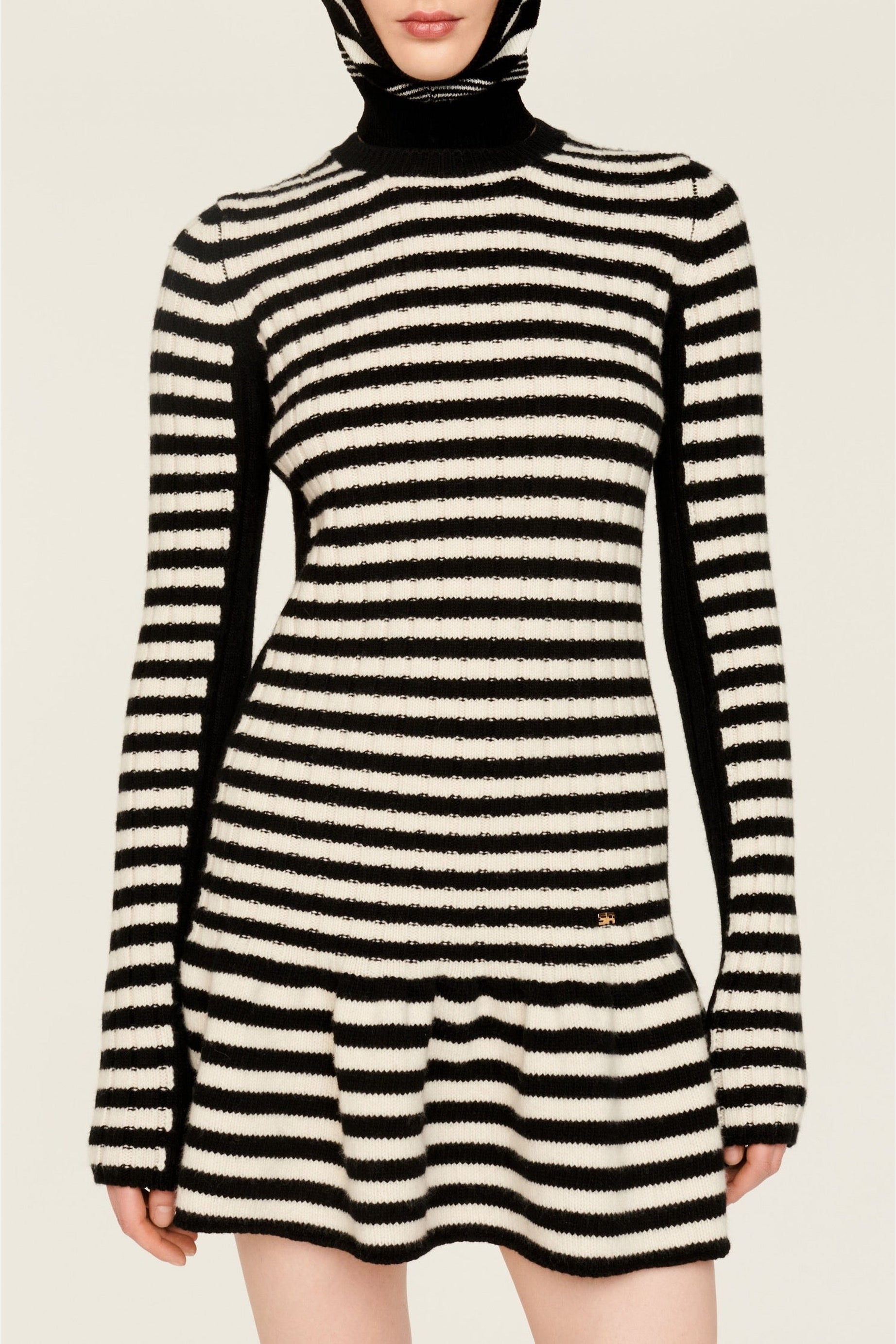 Robe courte à rayures en laine - Noir & Écru