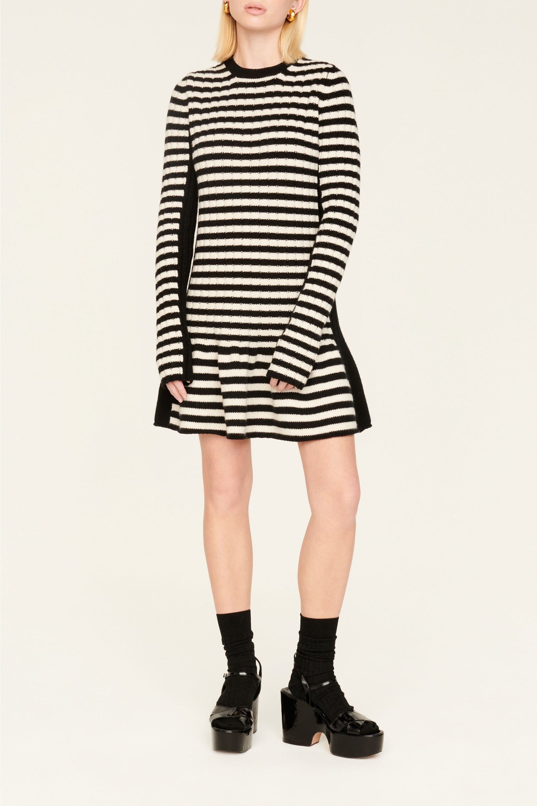 Robe courte à rayures en laine - Noir & Écru