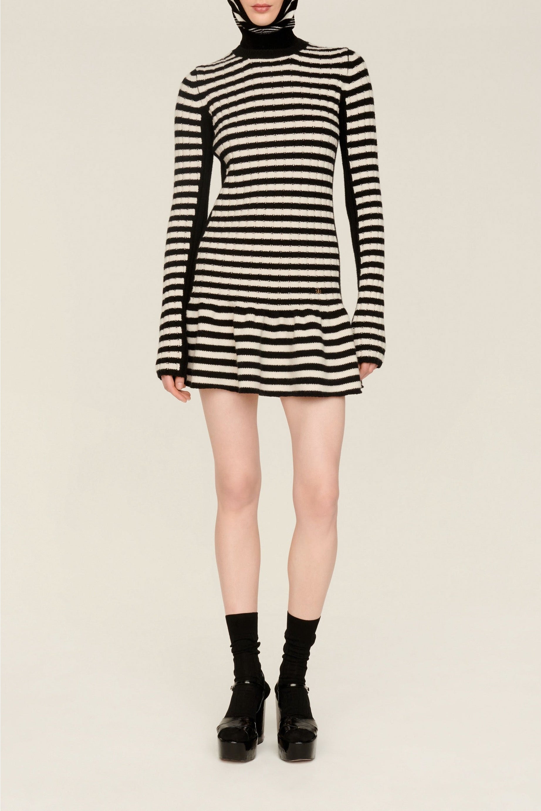 Robe courte à rayures en laine - Noir & Écru