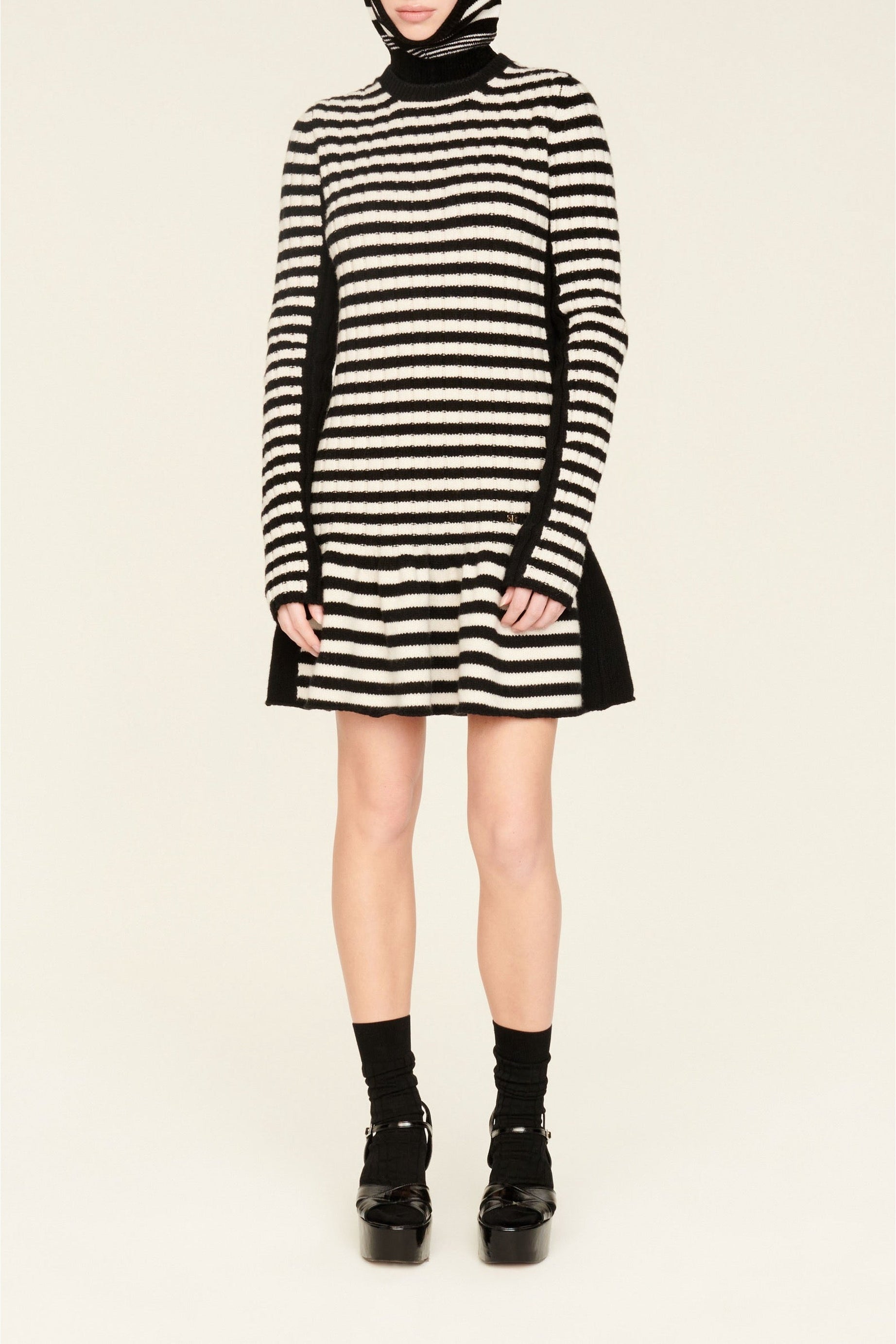 Robe courte à rayures en laine - Noir & Écru