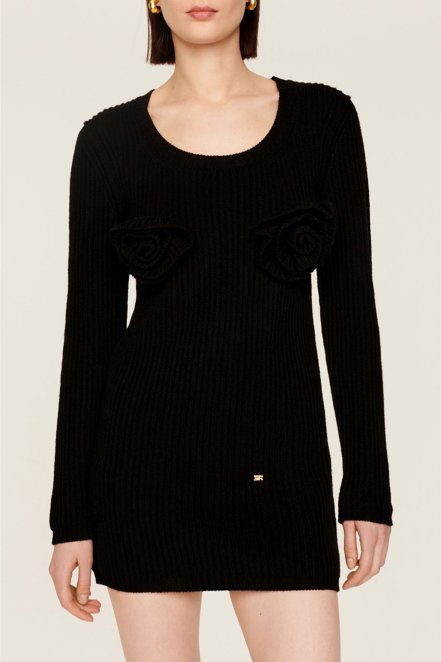 Robe courte à fleurs unie en laine - Noir