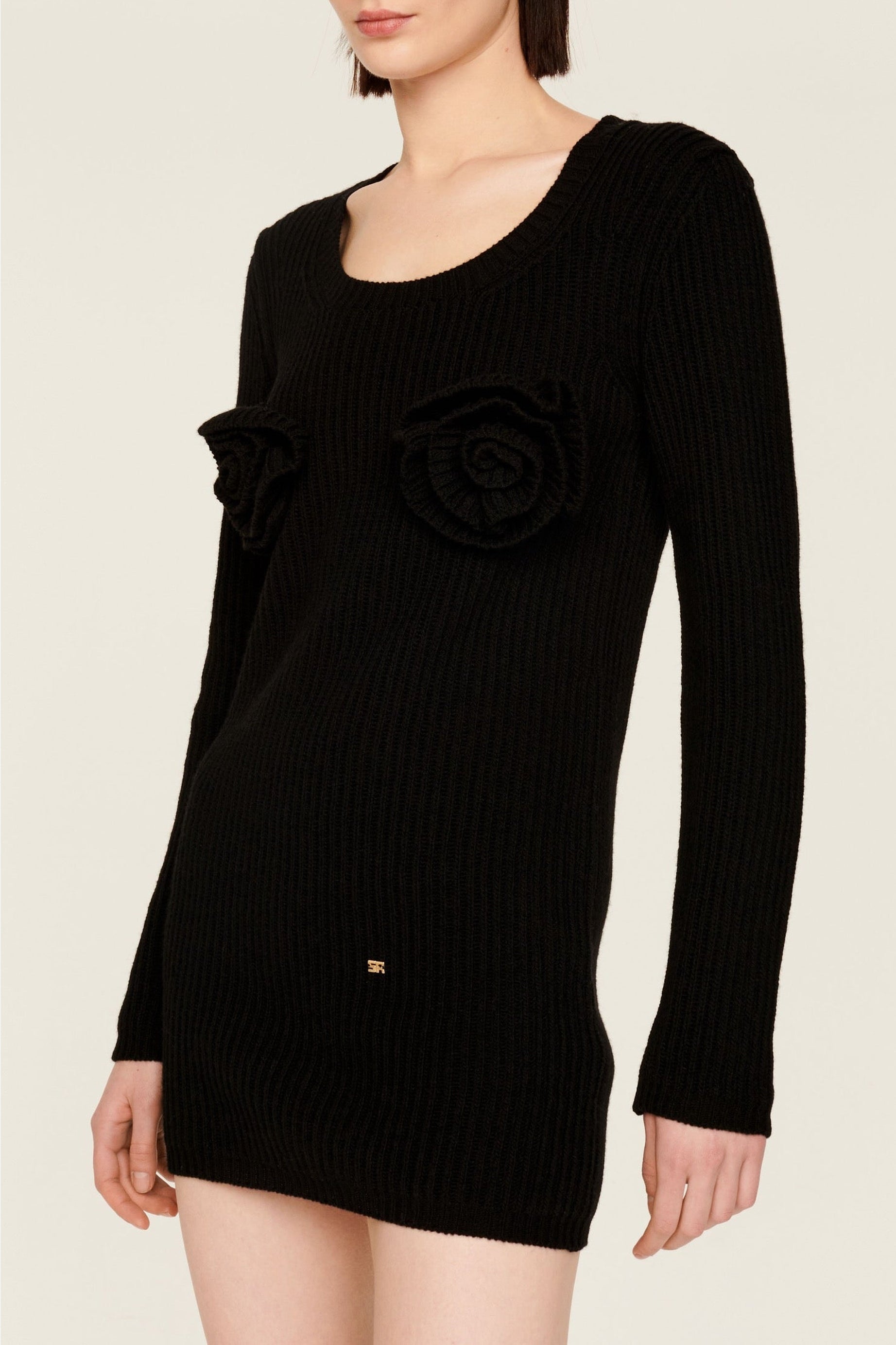 Robe courte à fleurs unie en laine - Noir