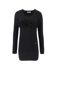 Robe courte à fleurs unie en laine - Noir