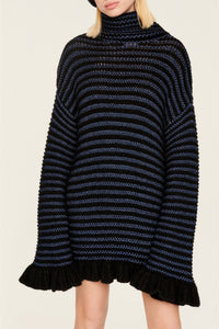 Robe courte tricot à coutures apparentes et à volants - Noir & Bleu