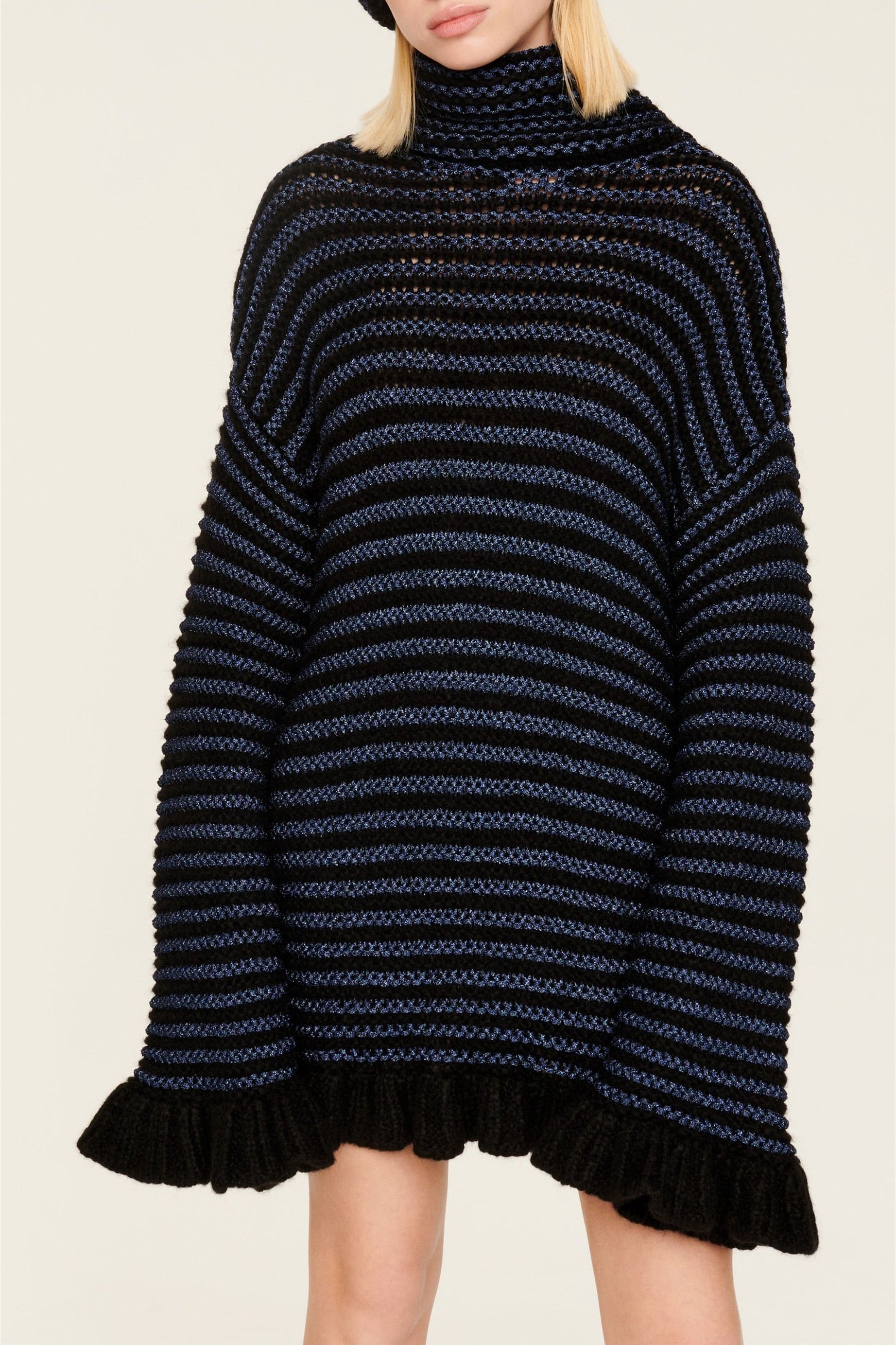 Robe courte tricot à coutures apparentes et à volants - Noir & Bleu