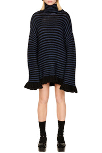 Robe courte tricot à coutures apparentes et à volants - Noir & Bleu