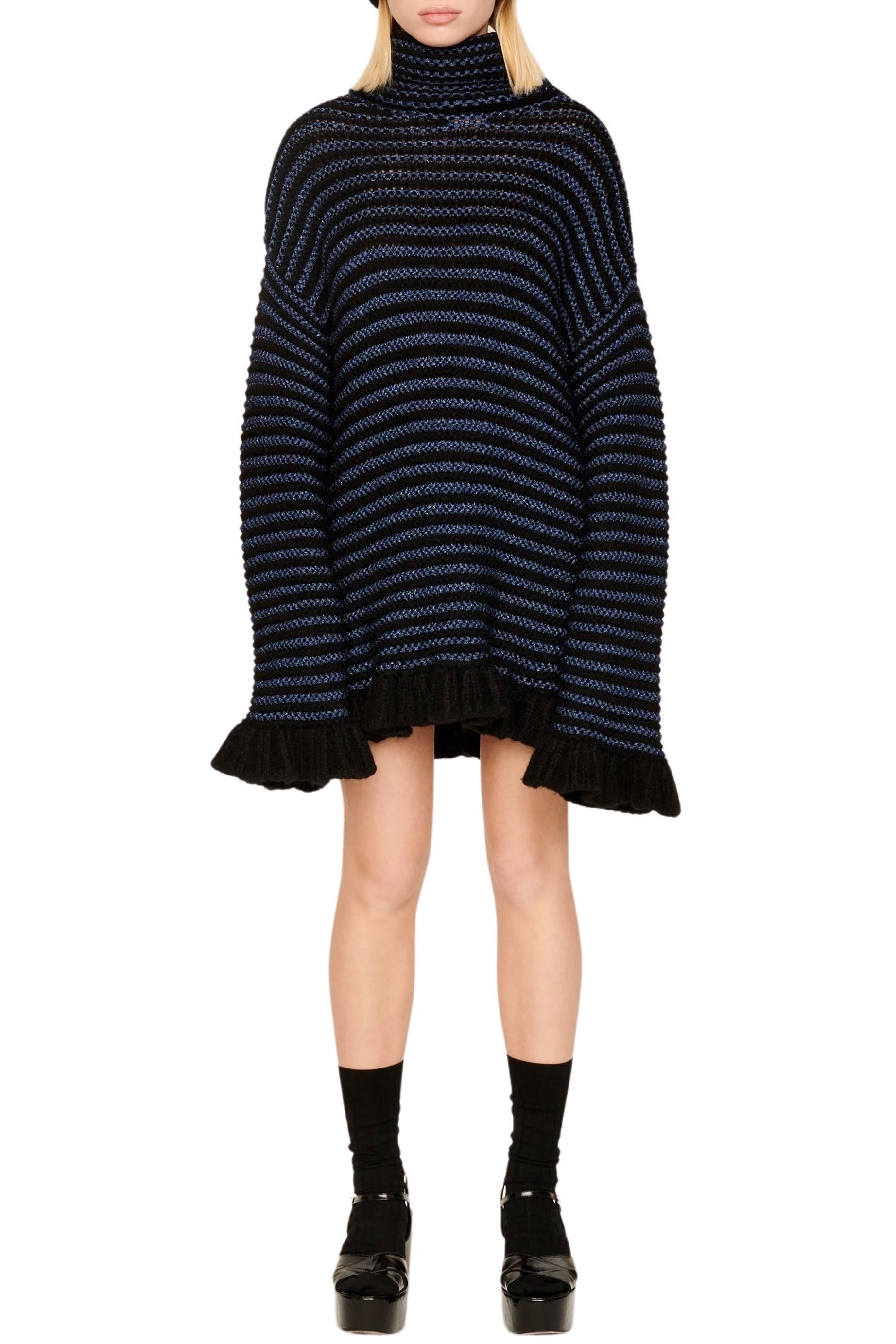 Robe courte tricot à coutures apparentes et à volants - Noir & Bleu