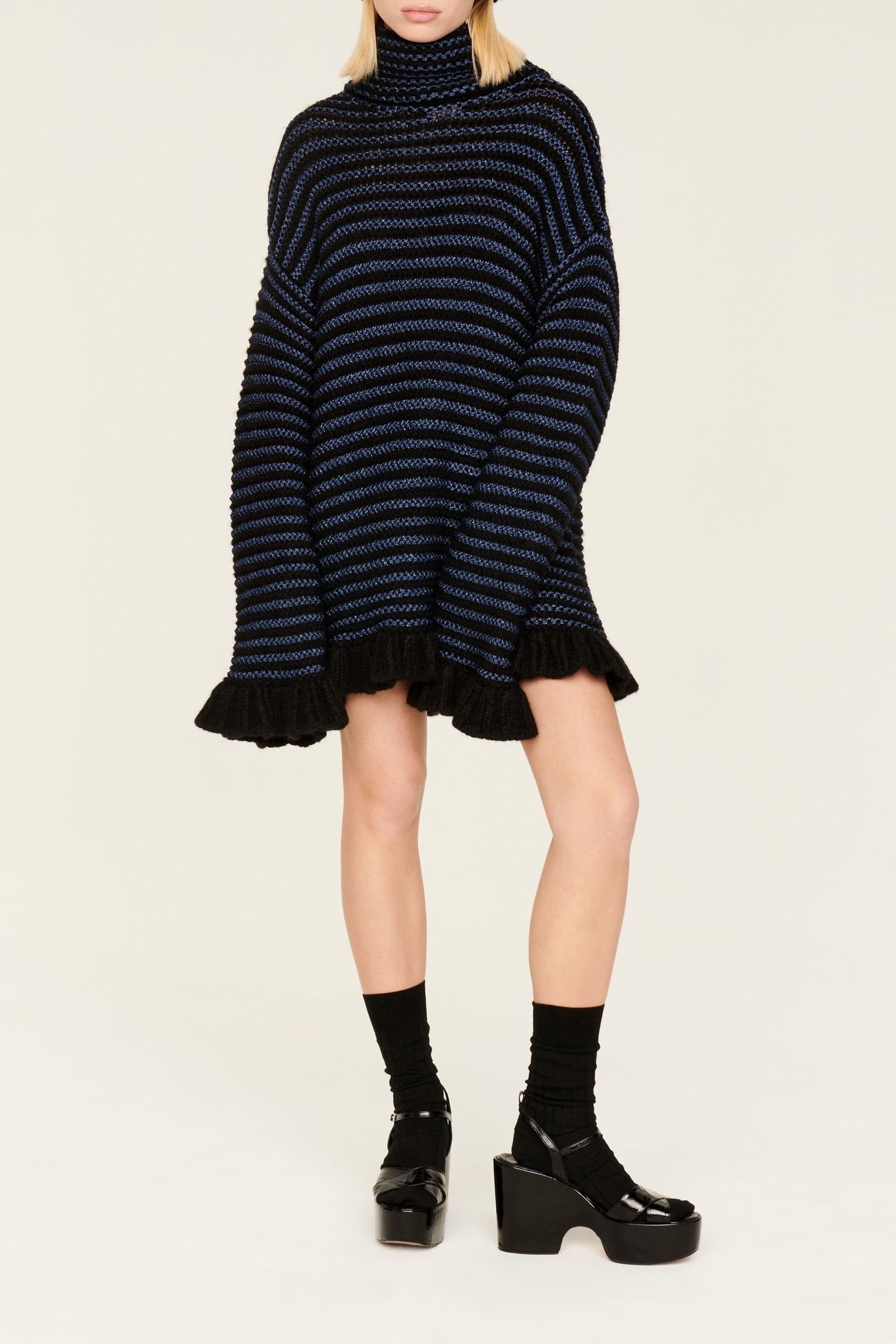 Robe courte tricot à coutures apparentes et à volants - Noir & Bleu