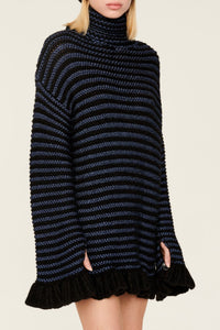 Robe courte tricot à coutures apparentes et à volants - Noir & Bleu