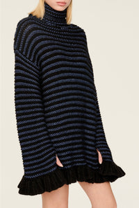 Robe courte tricot à coutures apparentes et à volants - Noir & Bleu