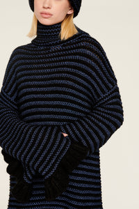 Robe courte tricot à coutures apparentes et à volants - Noir & Bleu