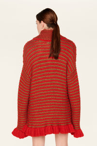 Robe courte tricot à coutures apparentes et à volants - Rouge & Or