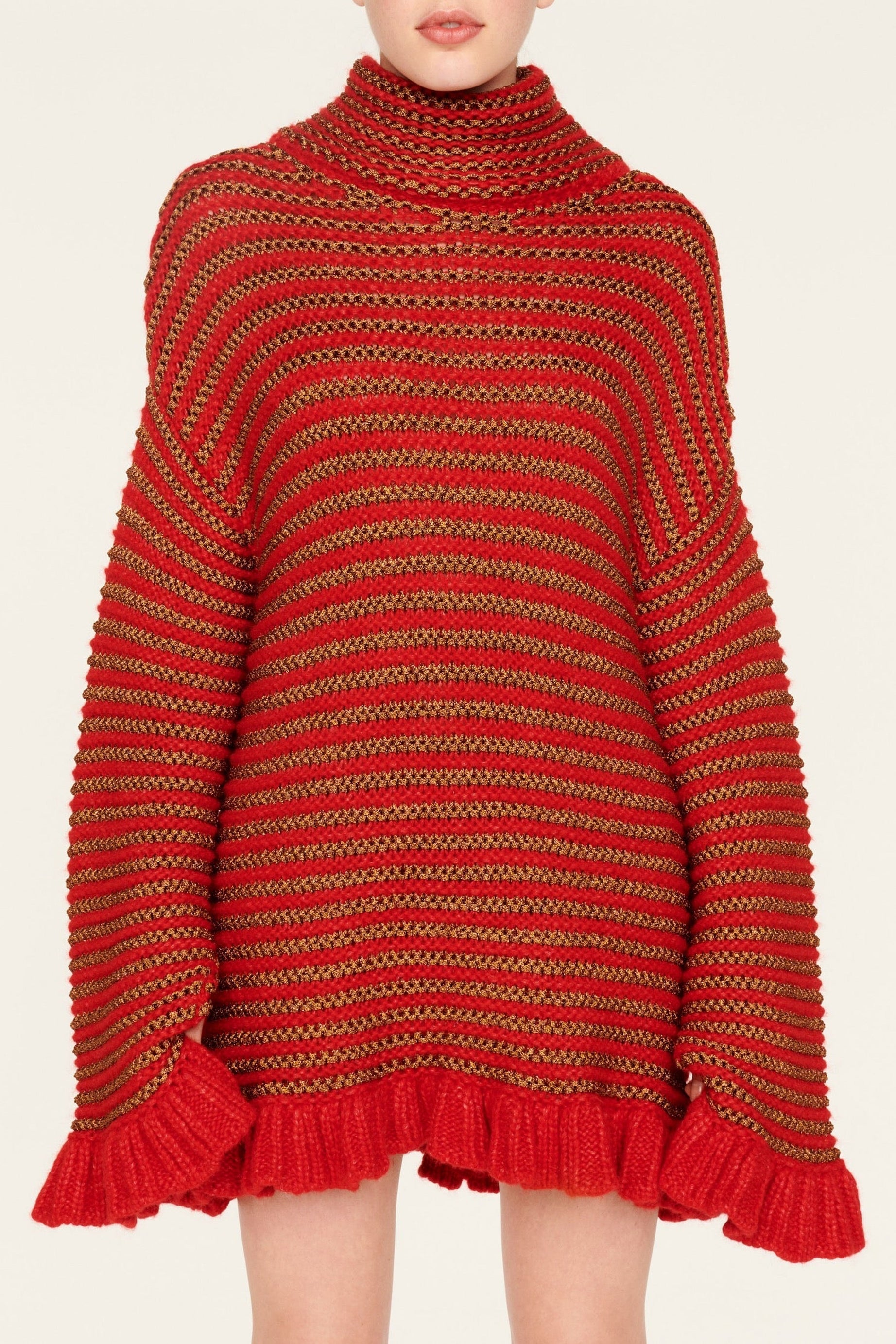 Robe courte tricot à coutures apparentes et à volants - Rouge & Or