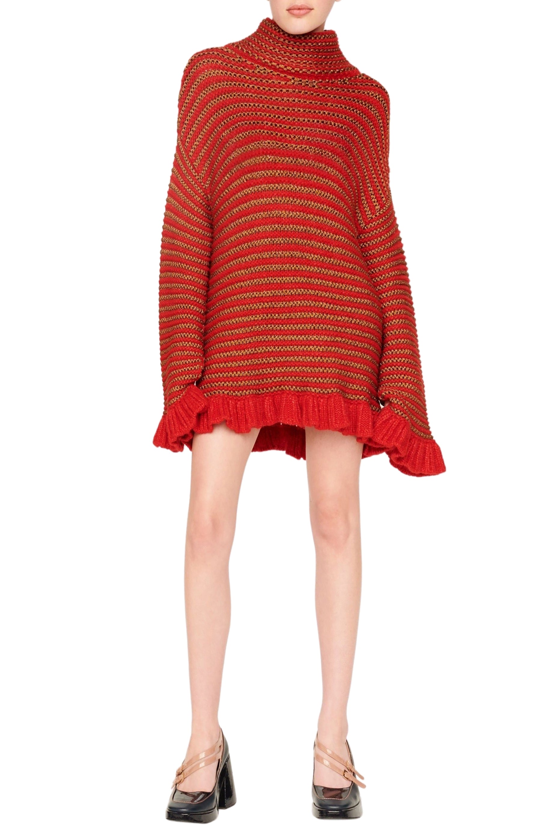 Robe courte tricot à coutures apparentes et à volants - Rouge & Or