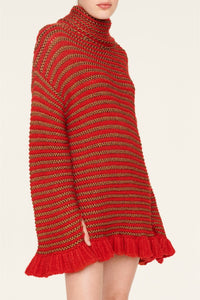 Robe courte tricot à coutures apparentes et à volants - Rouge & Or