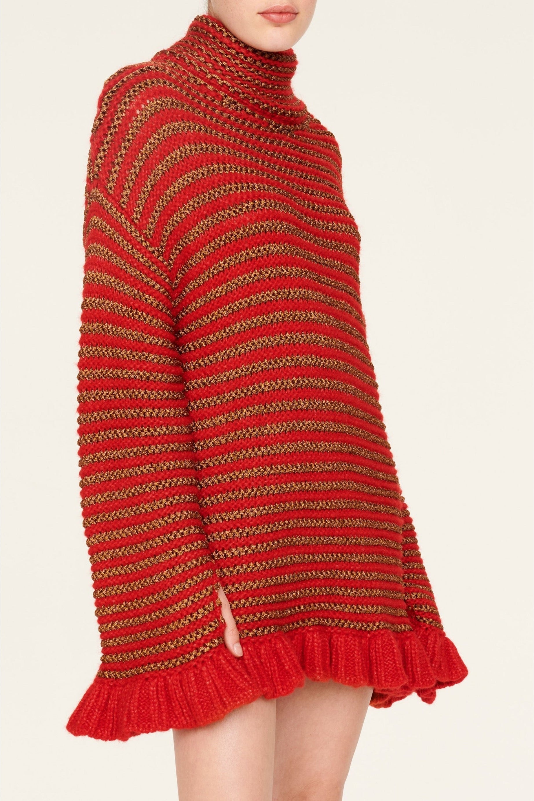 Robe courte tricot à coutures apparentes et à volants - Rouge & Or