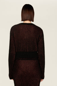Cardigan manches longues à rayures texturées bicolores - Noir & Bronze