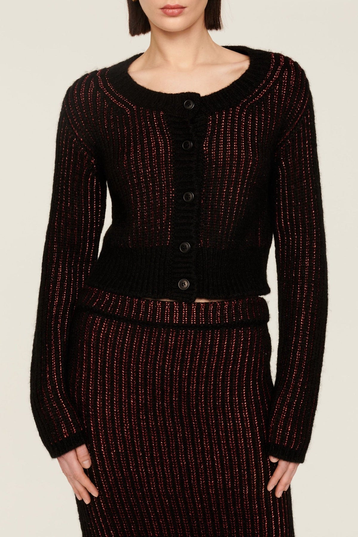 Cardigan manches longues à rayures texturées bicolores - Noir & Bronze