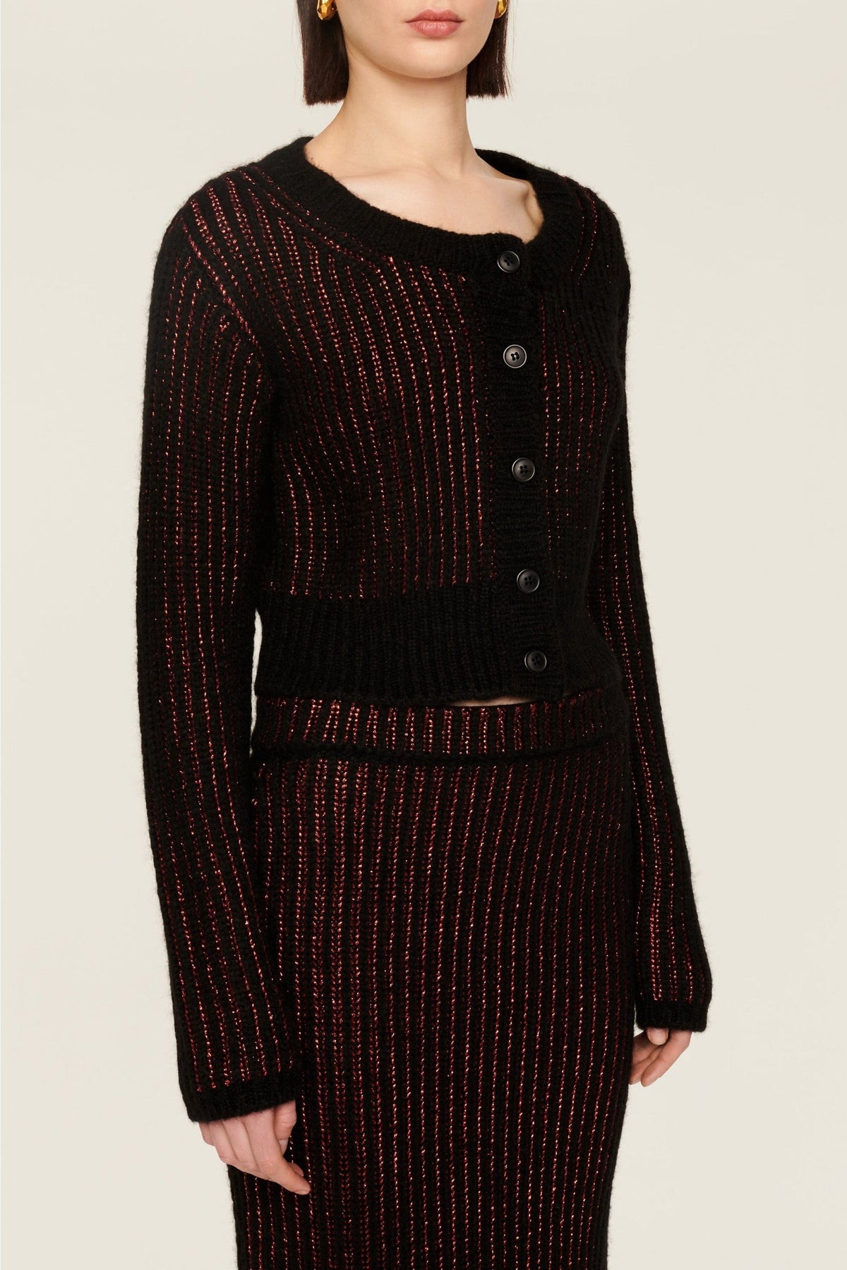 Cardigan manches longues à rayures texturées bicolores - Noir & Bronze