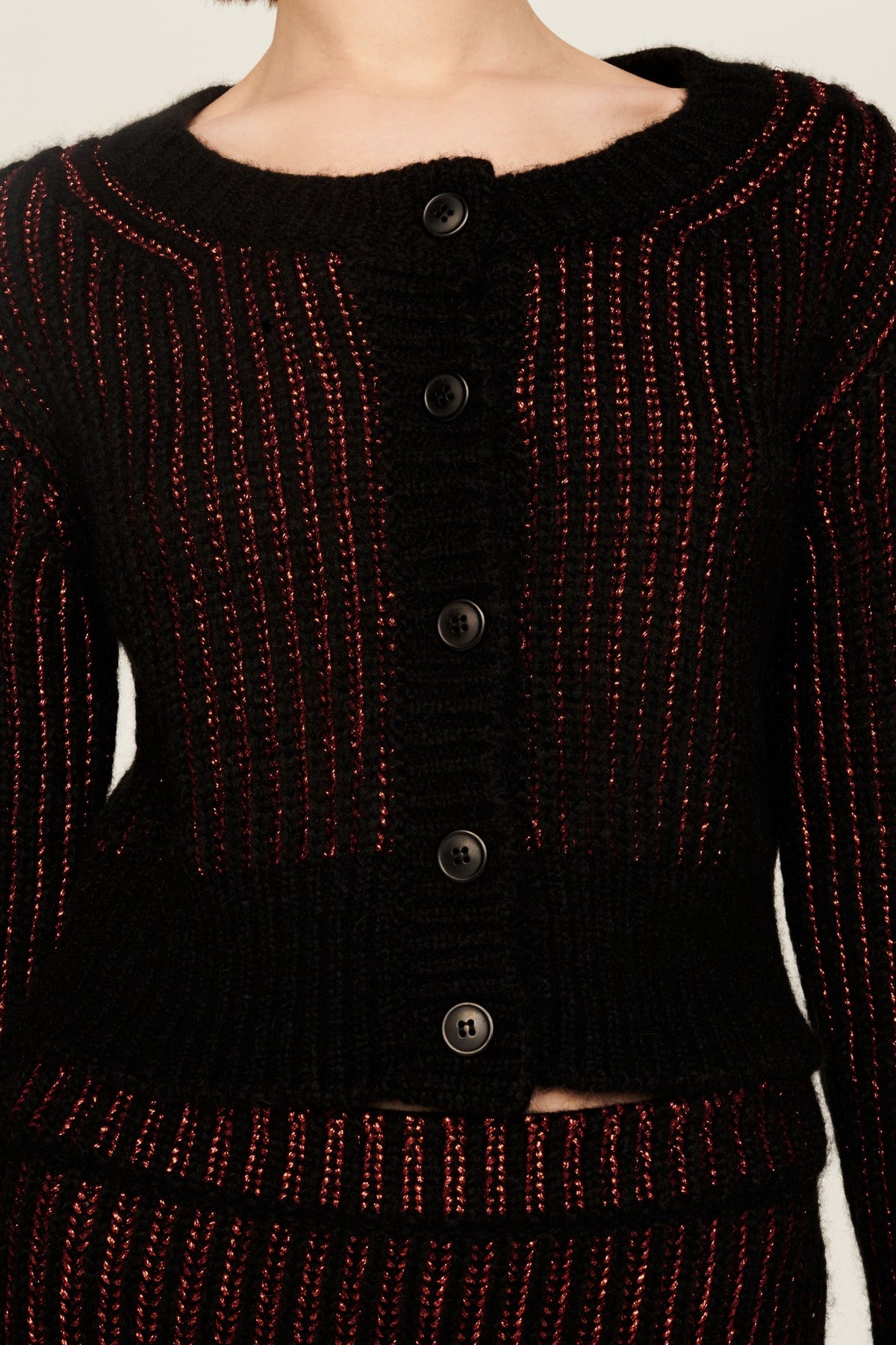 Cardigan manches longues à rayures texturées bicolores - Noir & Bronze
