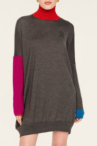 Robe courte manches et col contrastés en laine - Gris