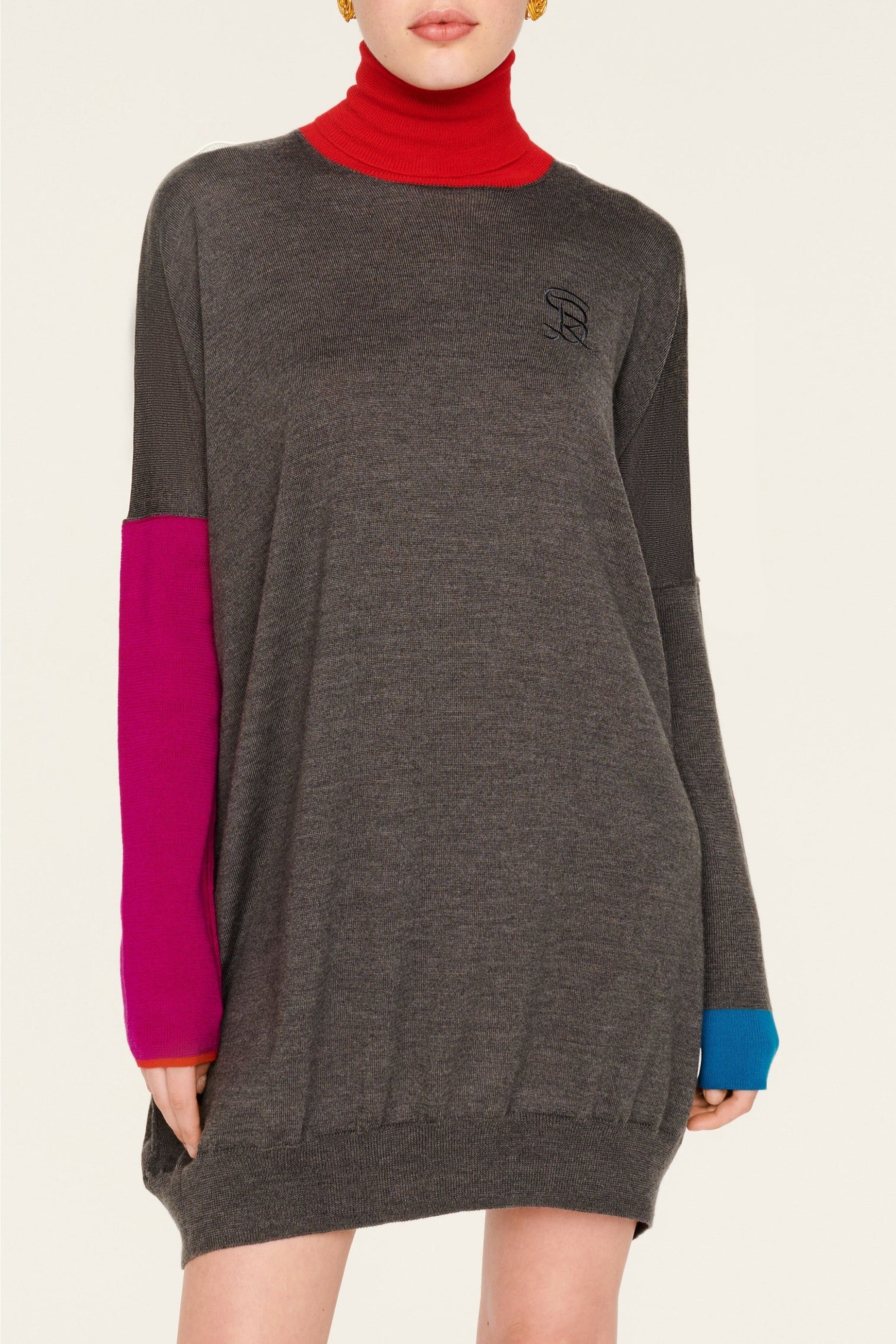 Robe courte manches et col contrastés en laine - Gris