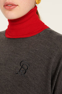 Robe courte manches et col contrastés en laine - Gris