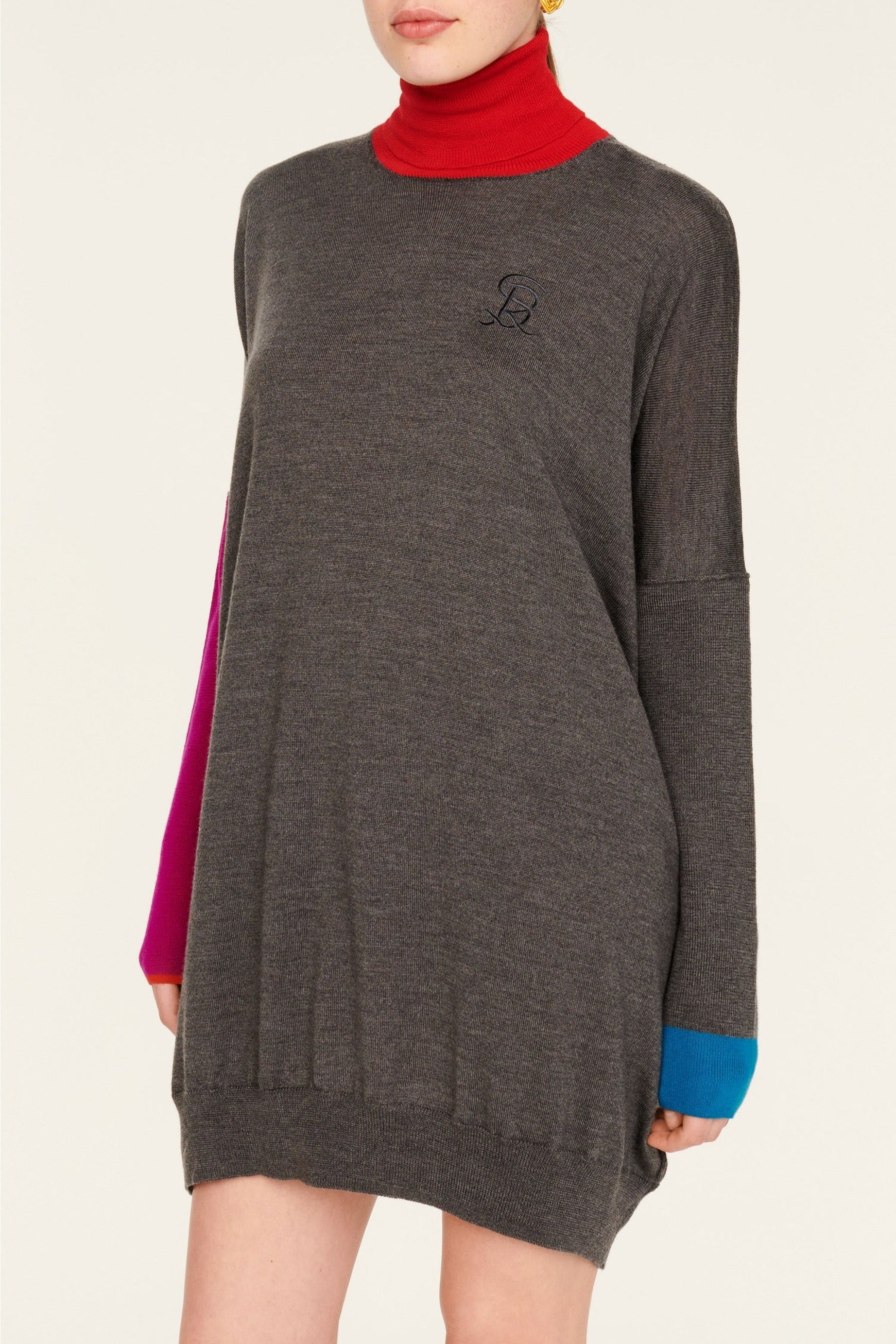 Robe courte manches et col contrastés en laine - Gris