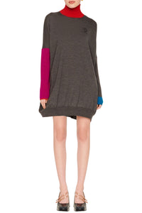 Robe courte manches et col contrastés en laine - Gris