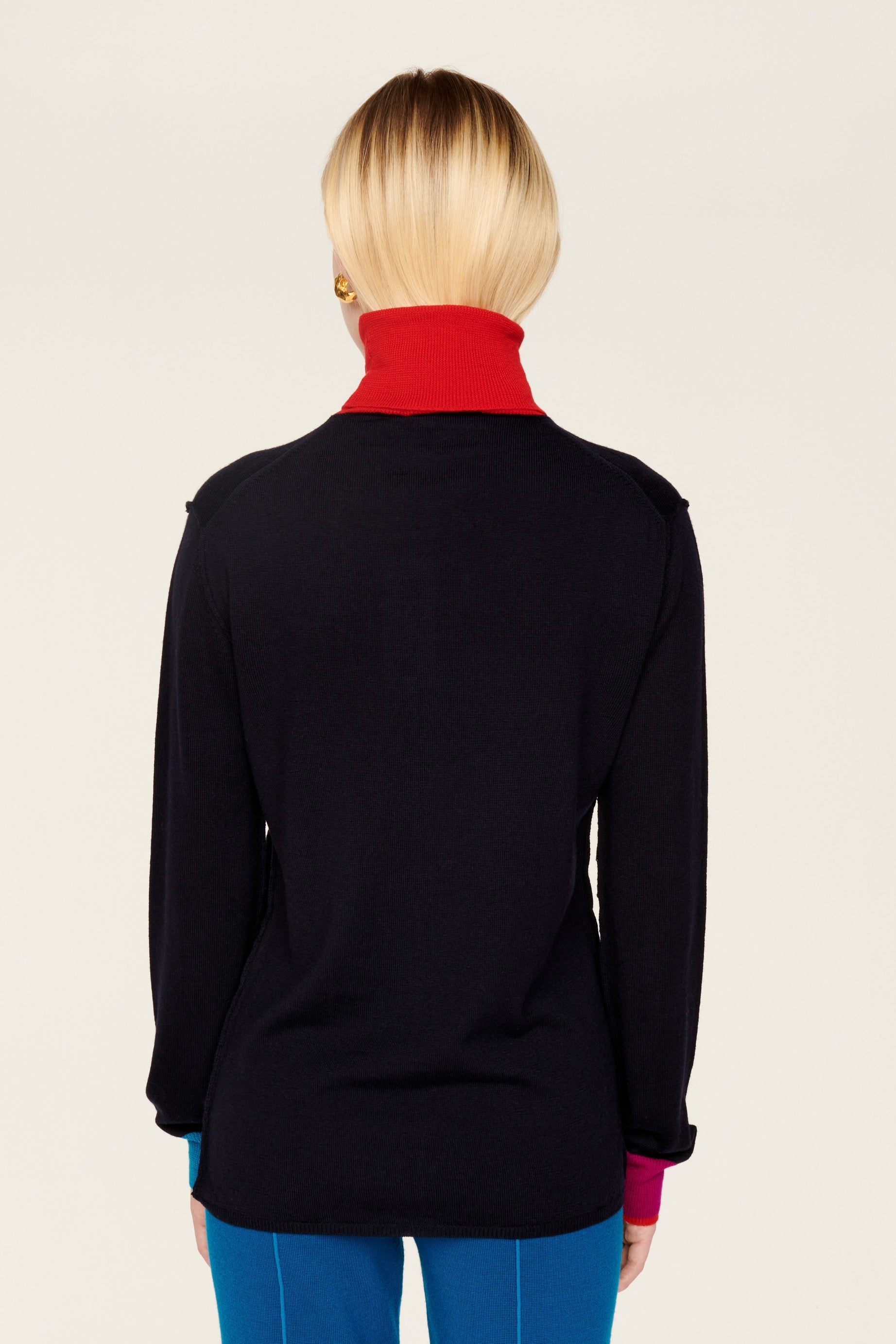 Pull col roulé en laine à col contrasté - Bleu Nuit