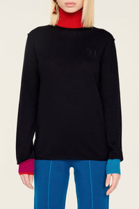 Pull col roulé en laine à col contrasté - Bleu Nuit