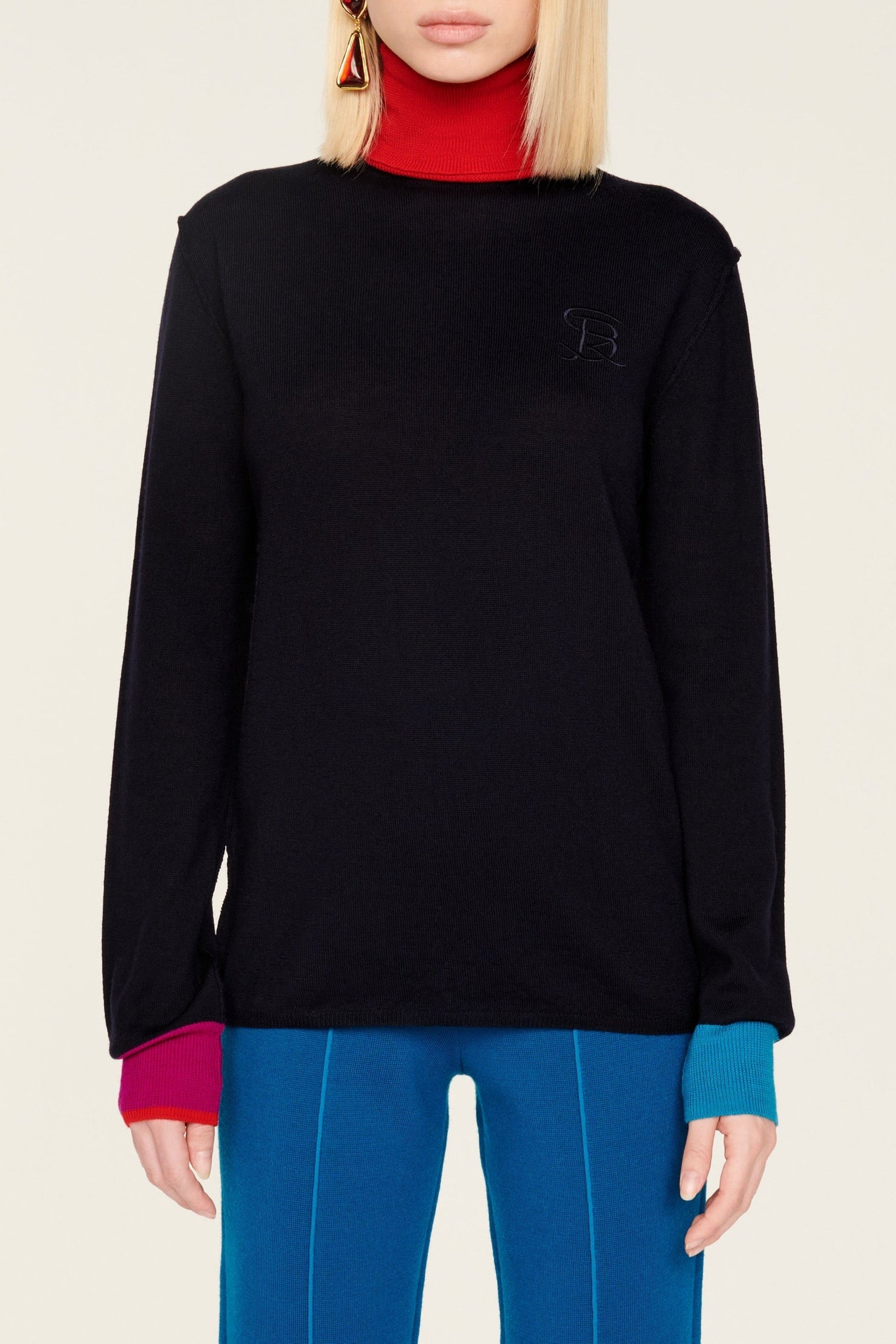 Pull col roulé en laine à col contrasté - Bleu Nuit