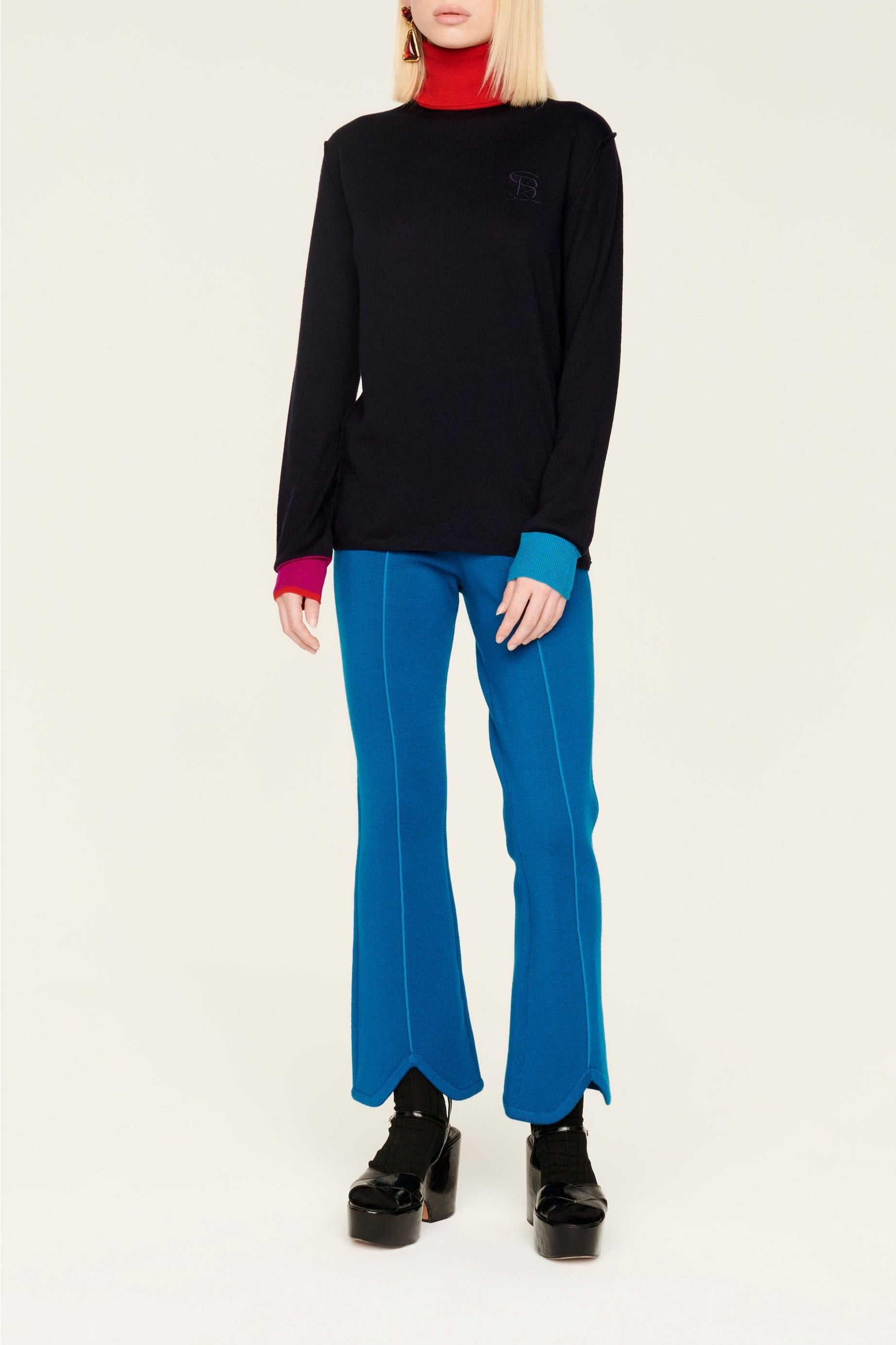 Pull col roulé en laine à col contrasté - Bleu Nuit