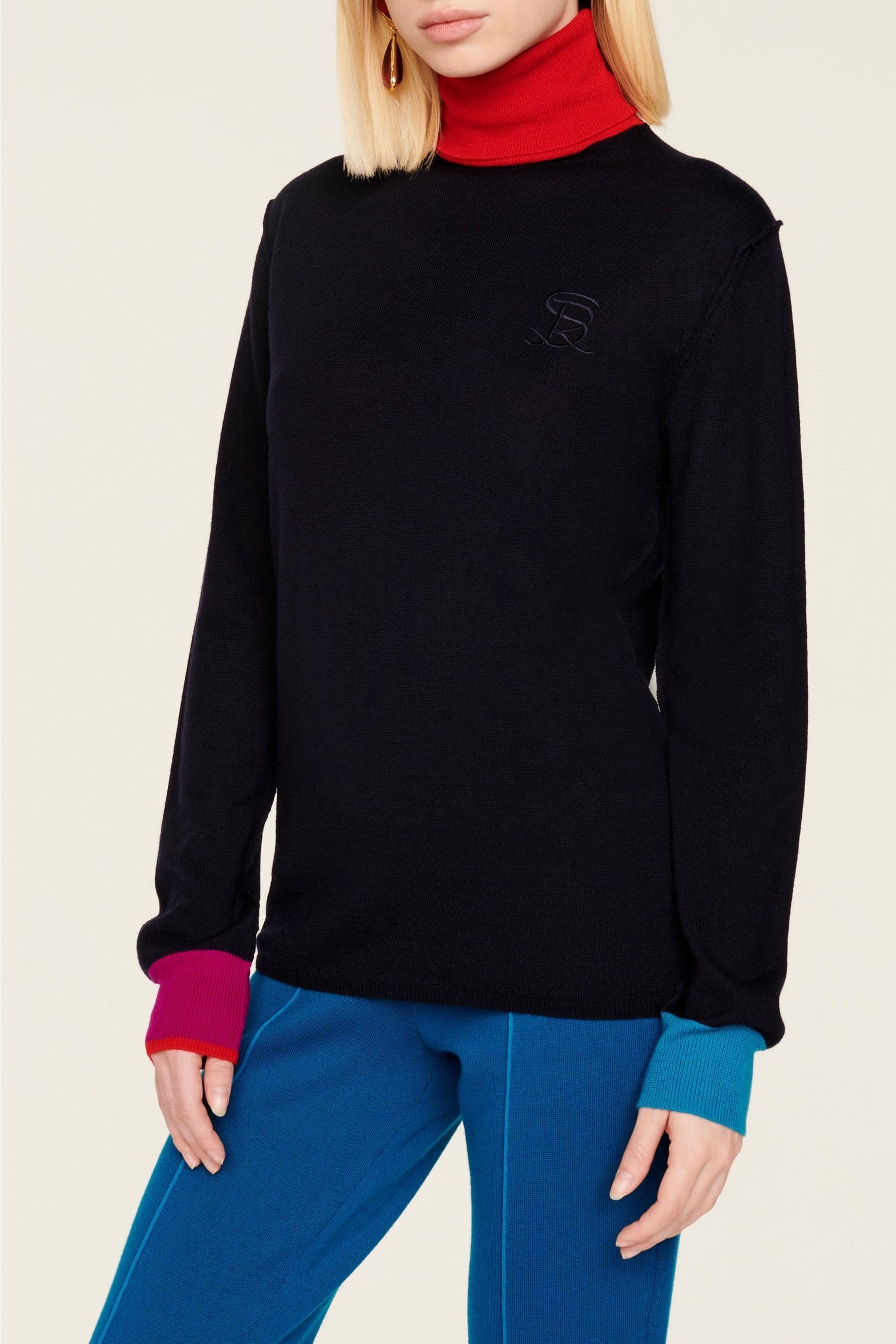 Pull col roulé en laine à col contrasté - Bleu Nuit