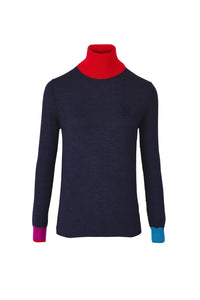 Pull col roulé en laine à col contrasté - Bleu Nuit