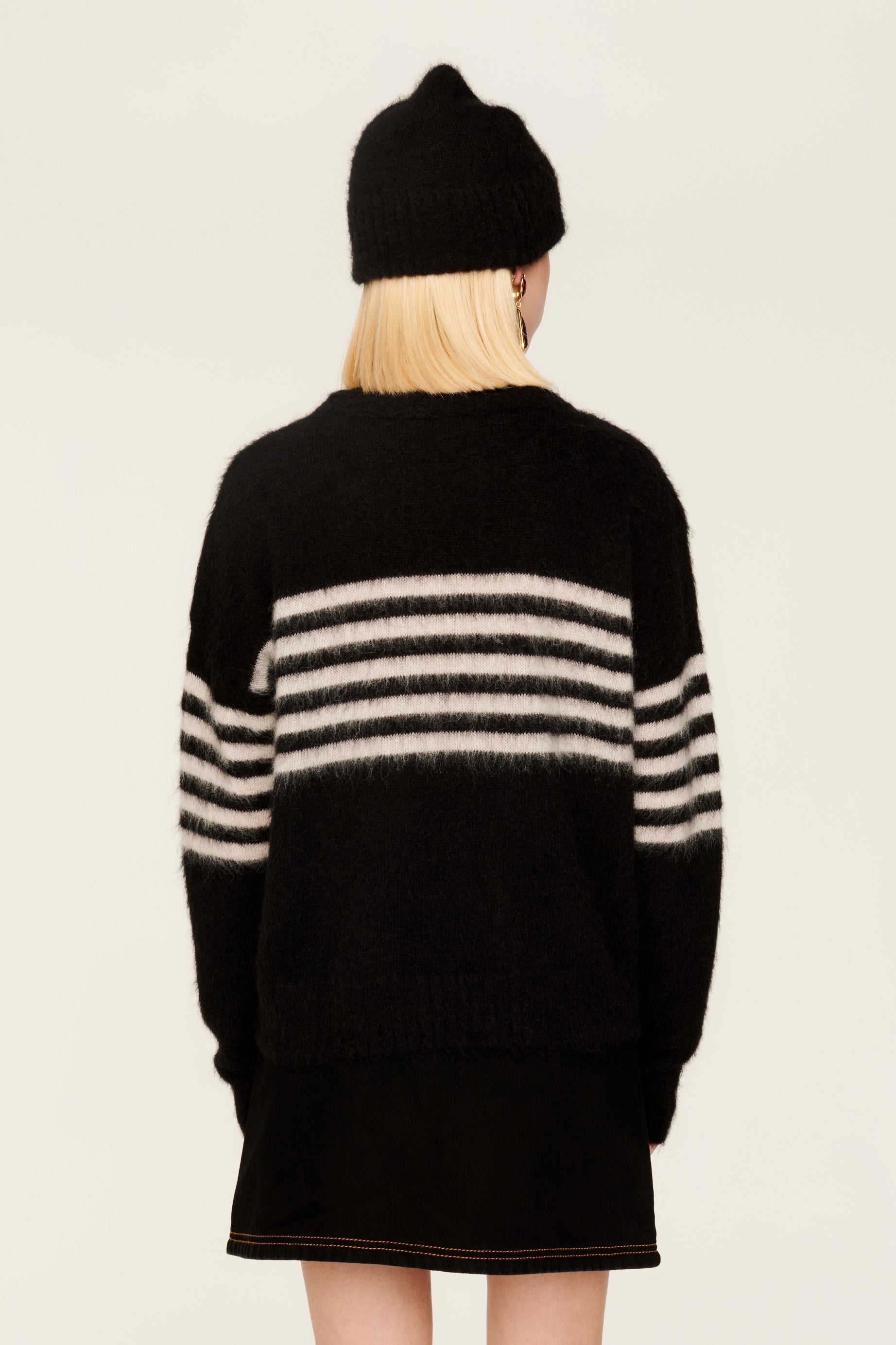 Pull Intarsia tricolore à rayures en alpaga - Noir