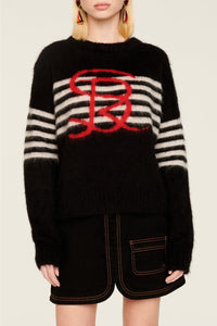 Pull Intarsia tricolore à rayures en alpaga - Noir