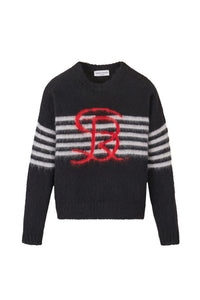 Pull Intarsia tricolore à rayures en alpaga - Noir