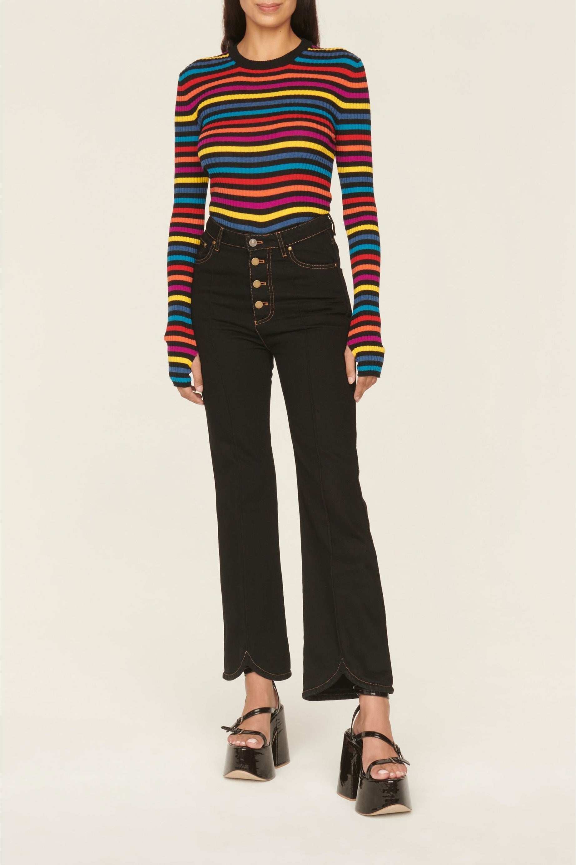 Pantalon en jean taille haute boutonné - Noir
