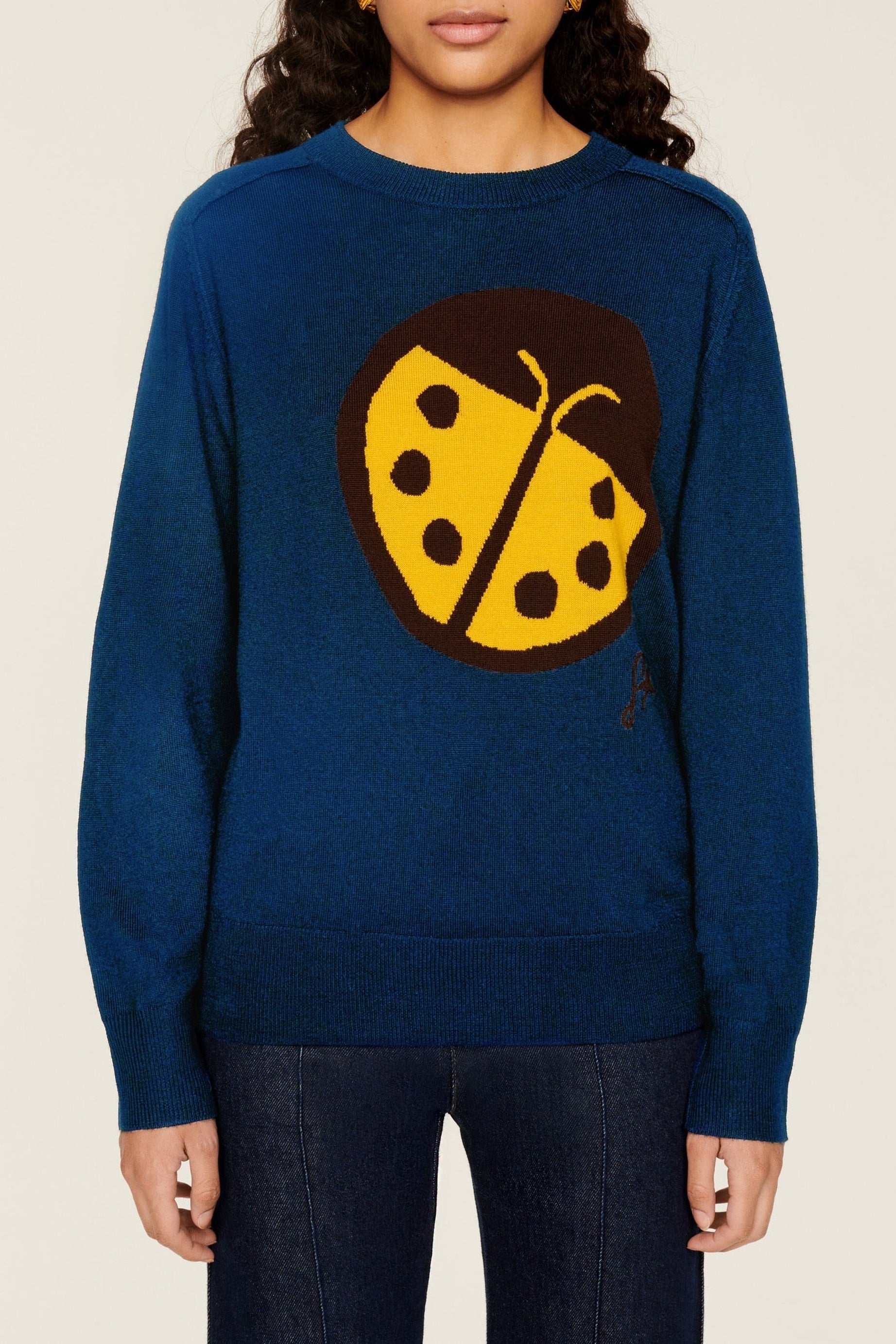 Pull à manches longues motifs coccinelle en laine - Bleu Nuit