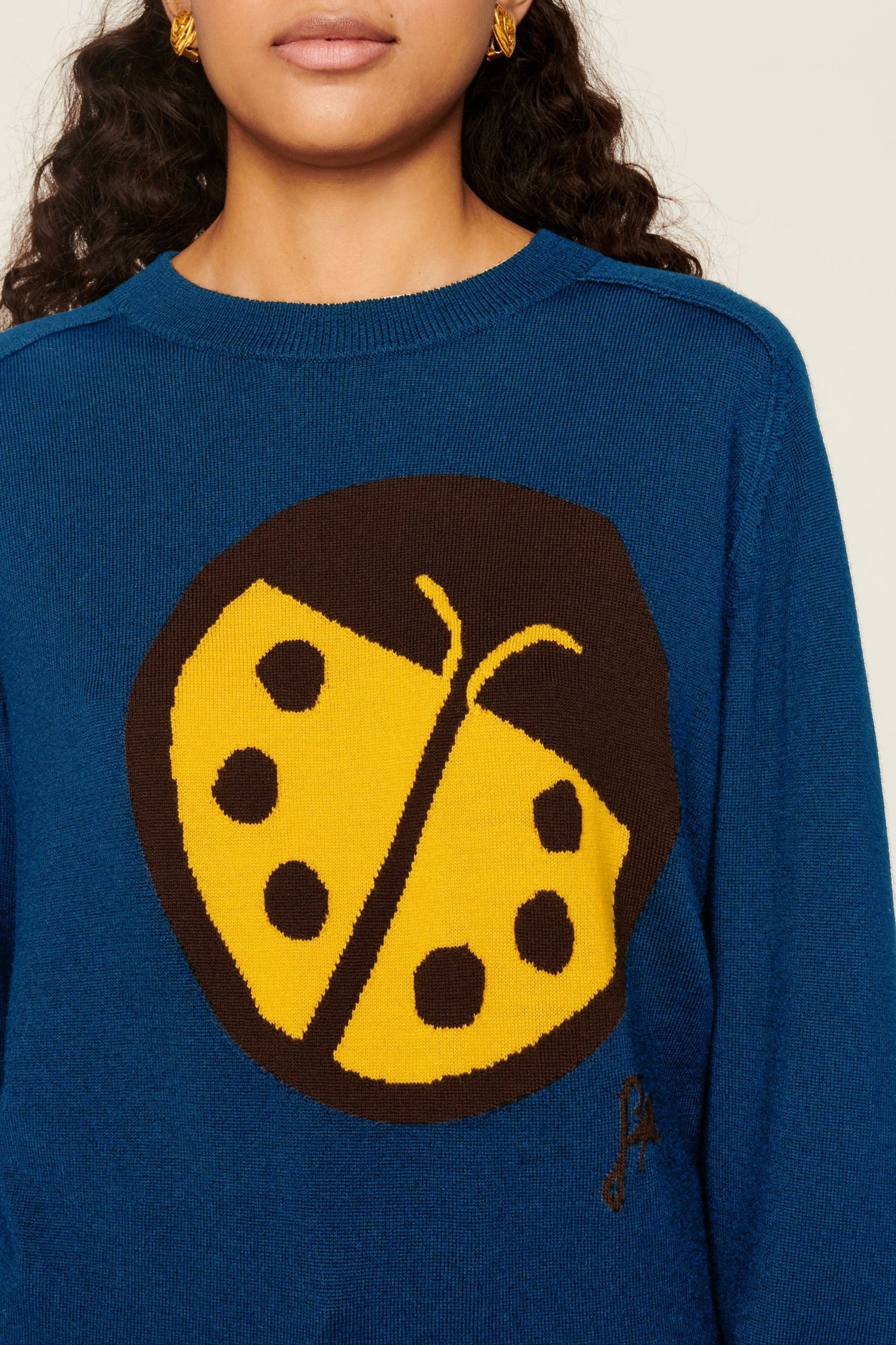 Pull à manches longues motifs coccinelle en laine - Bleu Nuit