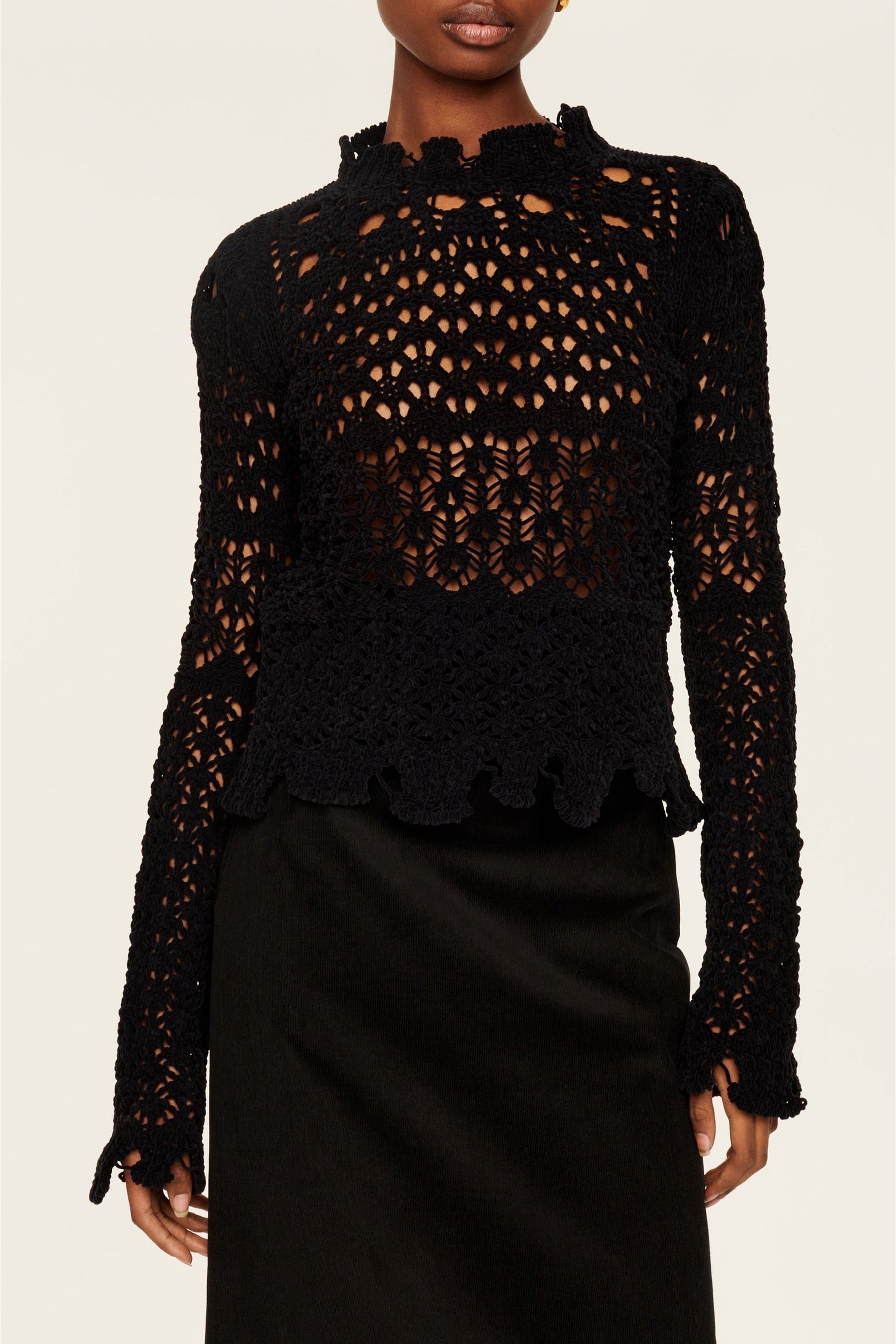 Pull en fil de chenille et points ajourés - Noir