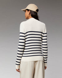 Pull marinière à col montant à bouton en cachemire - Prune