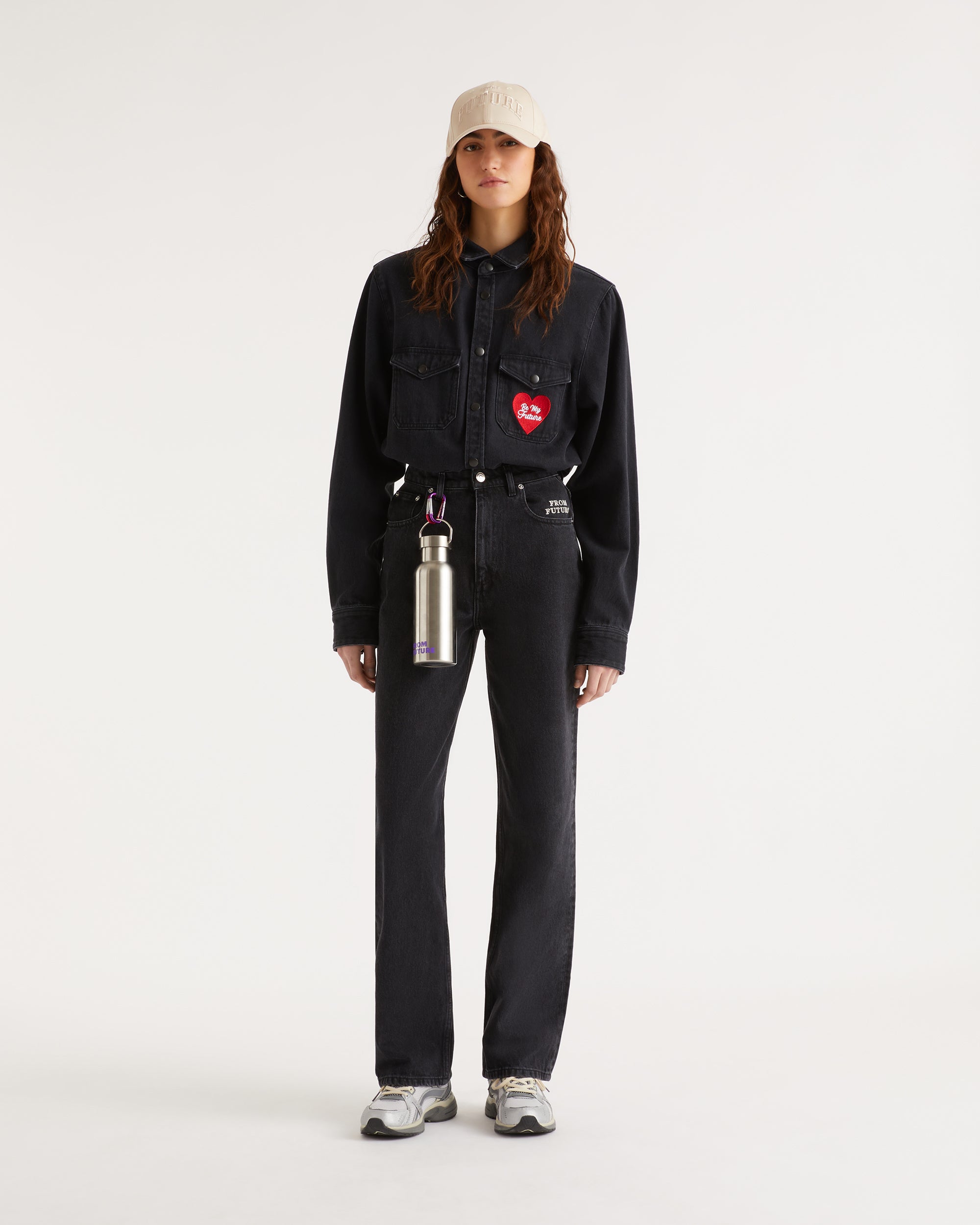 Chemise à manches longues à broderie coeur - Black