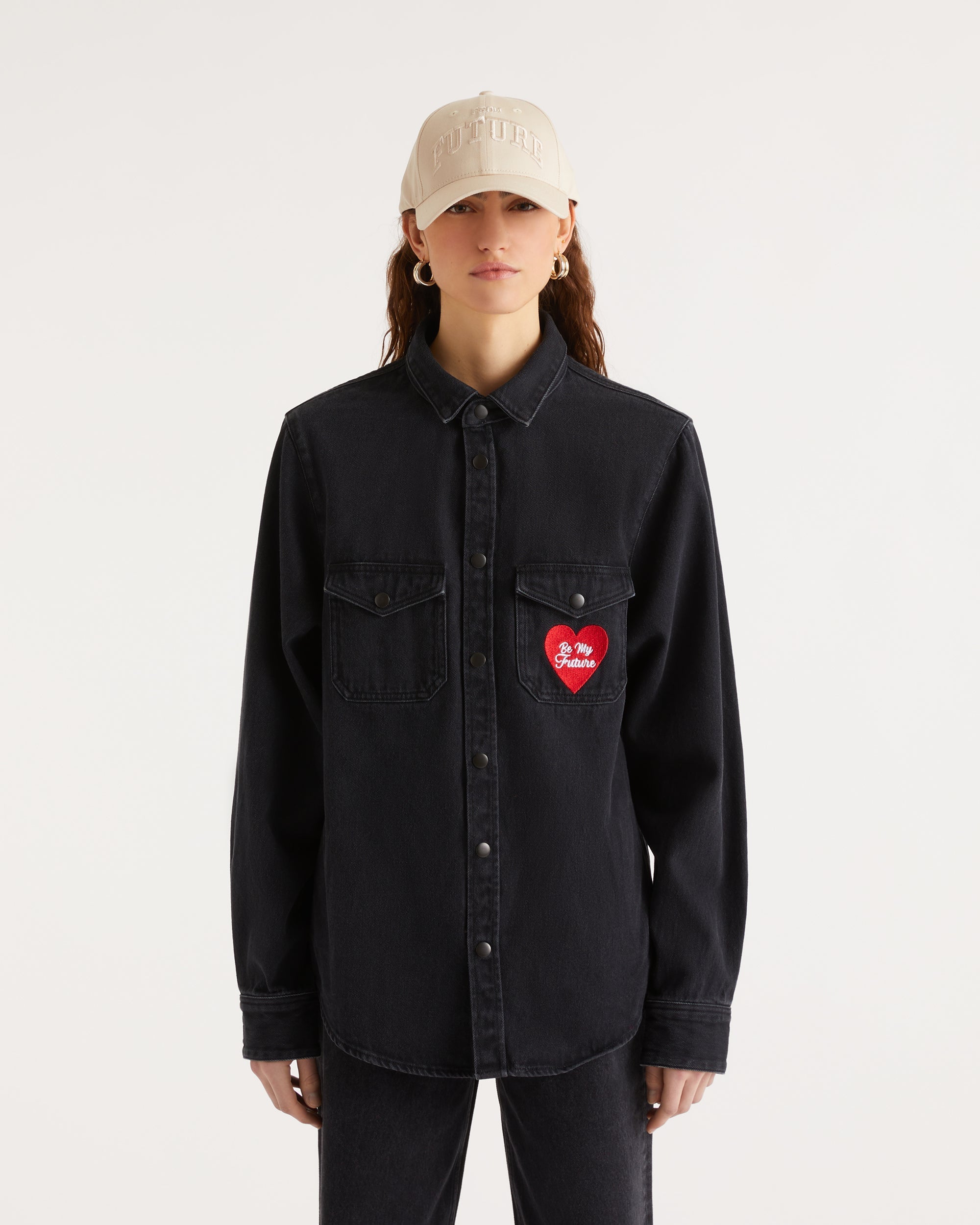 Chemise à manches longues à broderie coeur - Black