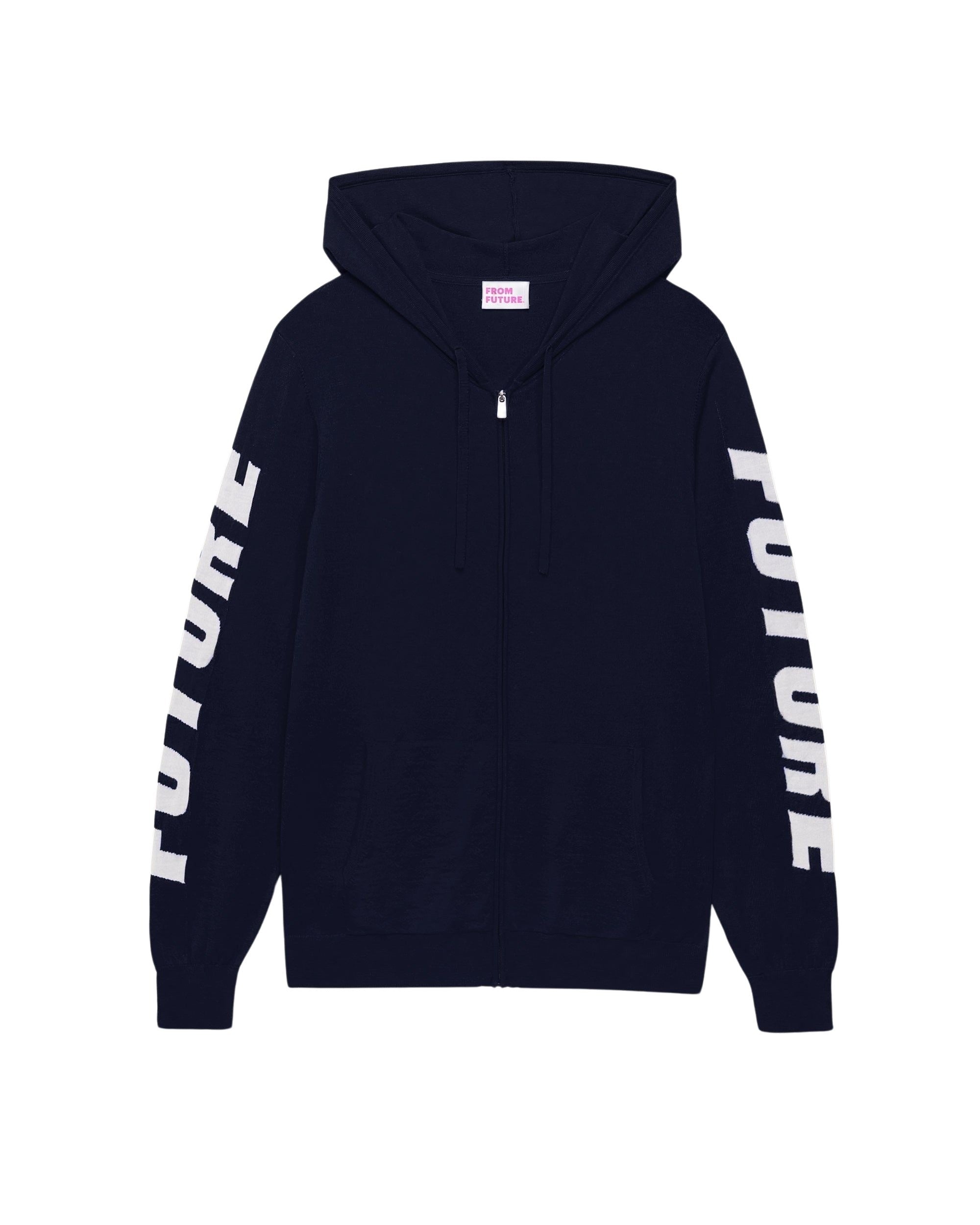 Hoodie zippé Future à poches en laine mérinos - Navy & White