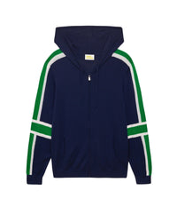 Hoodie zippé à bande manches brassard en laine mérinos - Navy