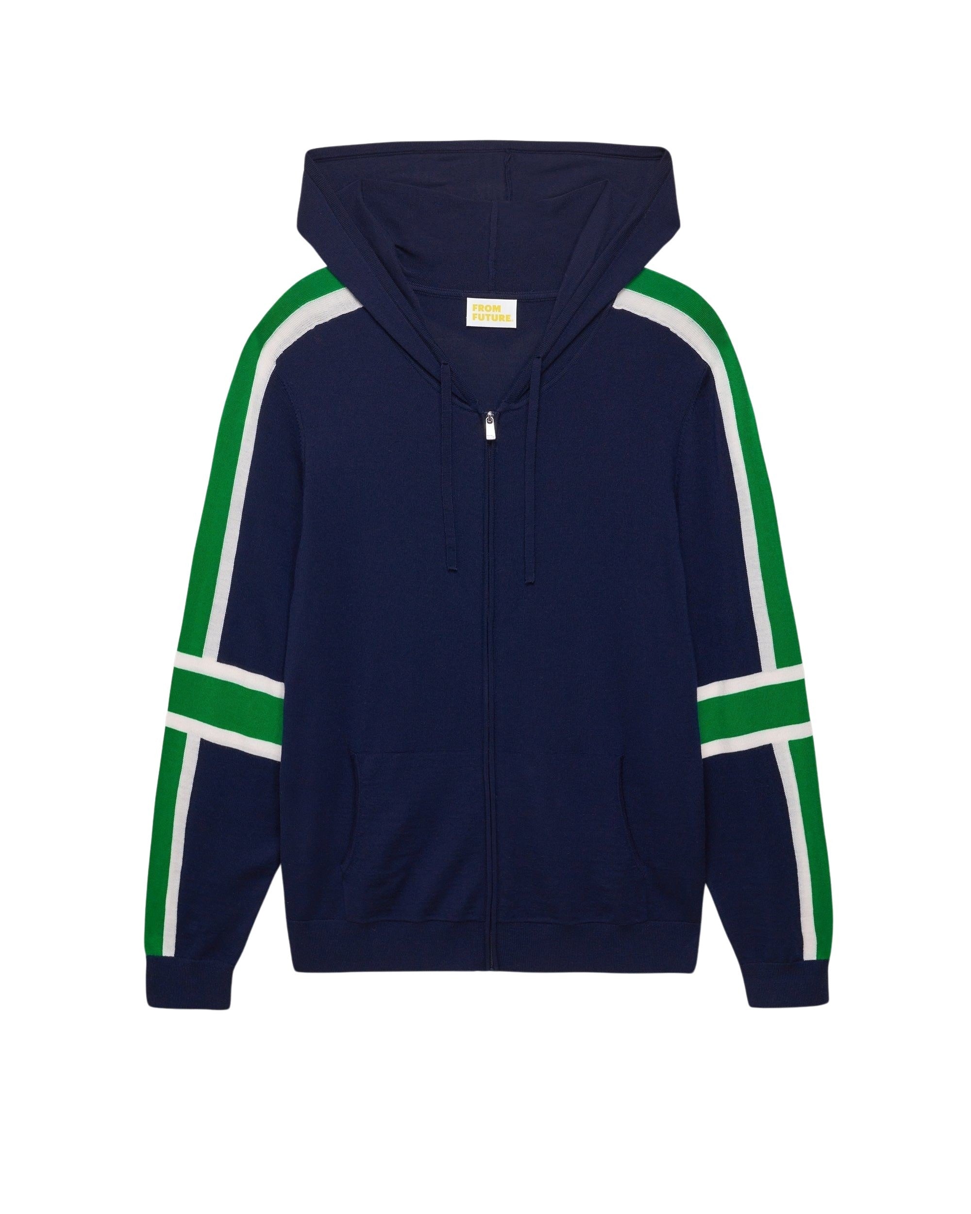 Hoodie zippé à bande manches brassard en laine mérinos - Navy
